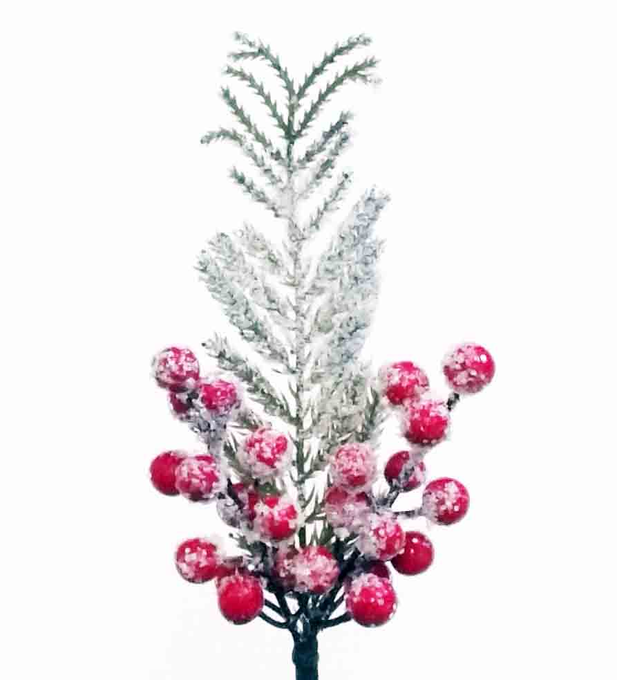 X876 - 10" Red Berry Pick with Snow and Fern - 2.65 ea, 2.40/12