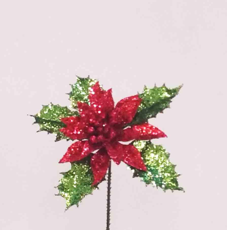 X003 - 5" Red Poinsettia Pick with Leaves - .95 ea, .80/12