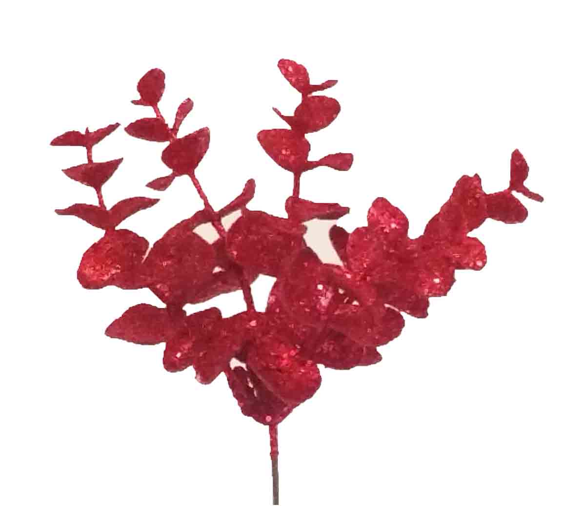 X243 - 7" Red Glittered Eucalyptus Pick - 1.00 ea, .75/12