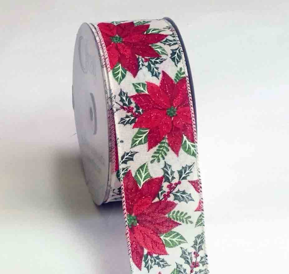 7564 - 2.5" x 25 yds Wired Poinsettia with Holly - 22.75 bolt