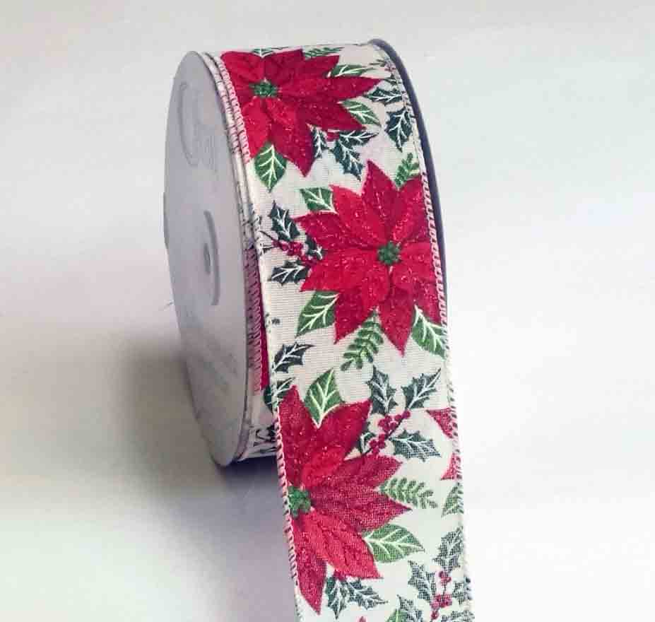 7564 - 2.5" x 25 yds Wired Sharma Poinsettia with Holly - 22.75 bolt