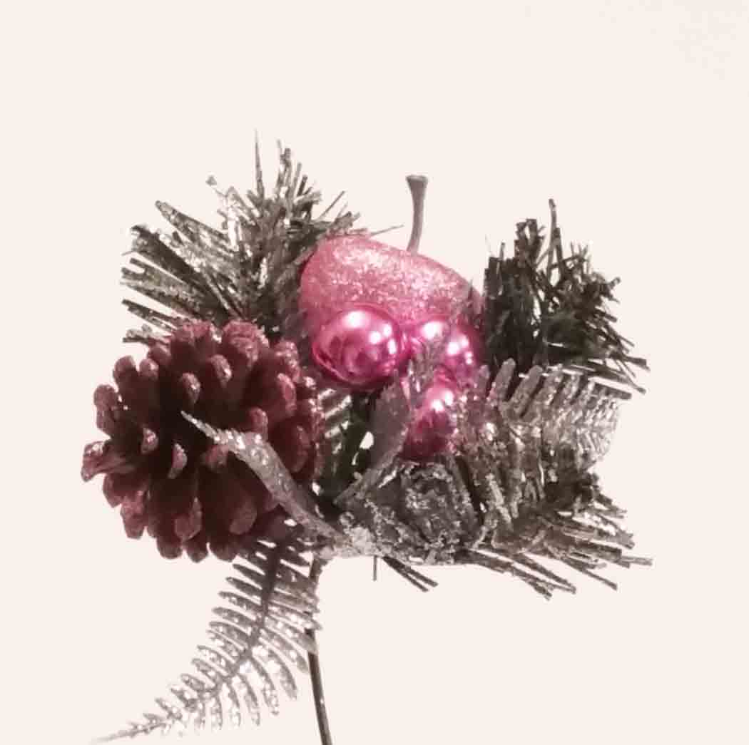 X567 - 8" Pink Apple/Cone/Berry Pick with Fern - 1.30 ea, 1.05/12