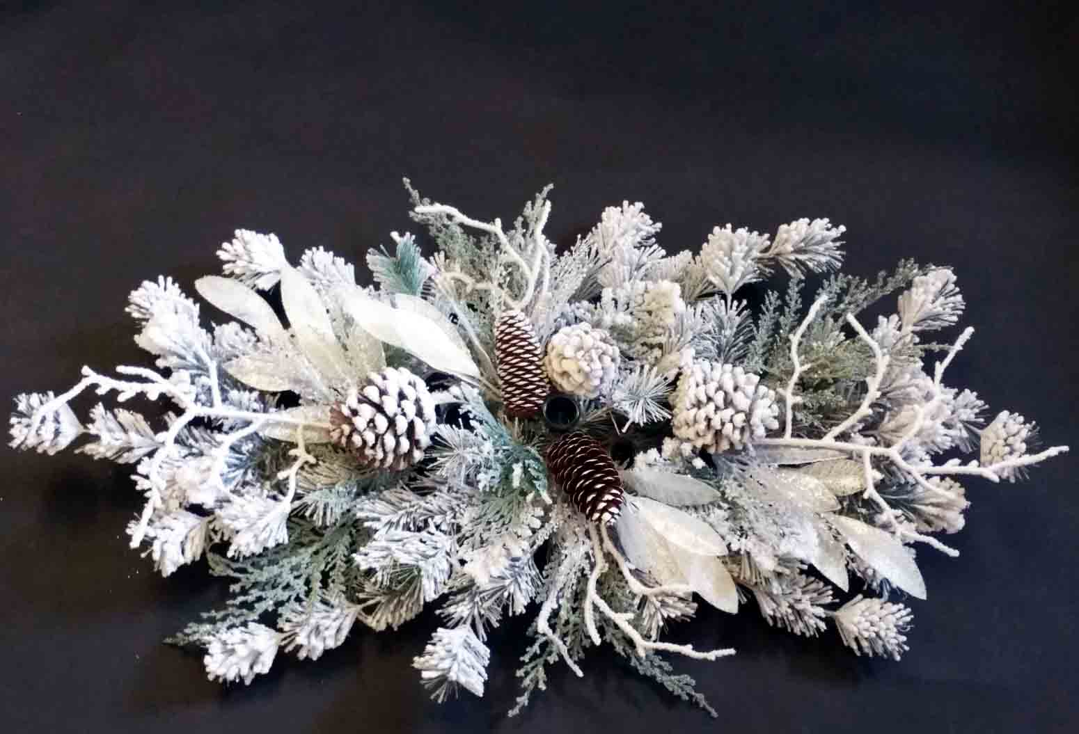 XC36 - 30" Snowy Centerpiece With 3 Candle Holders - 34.95 ea