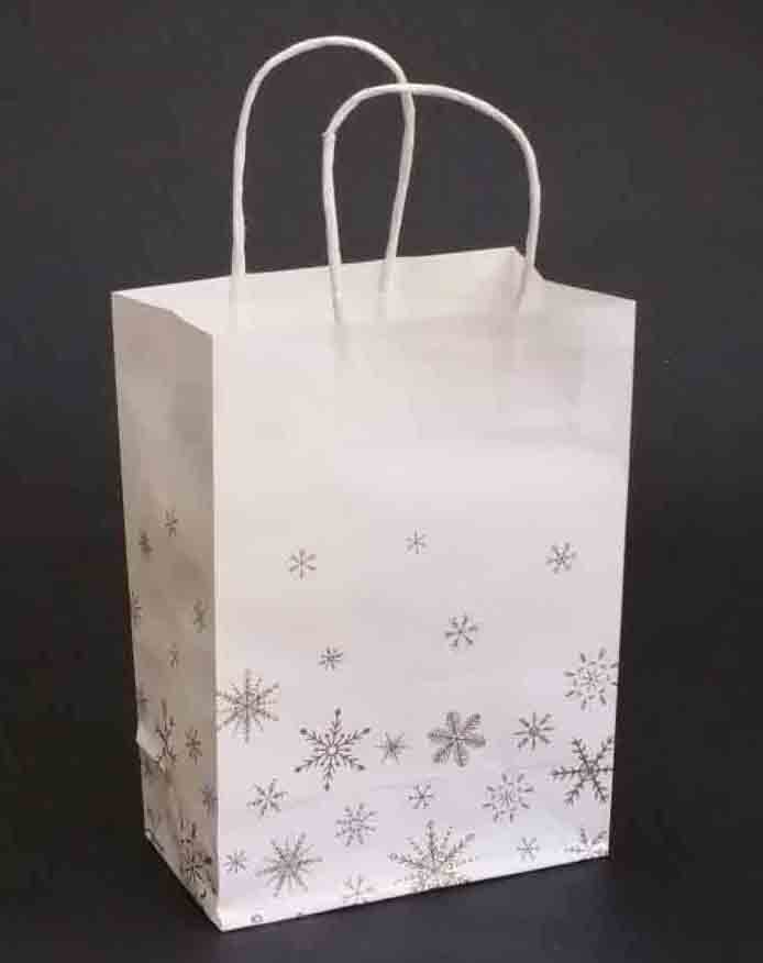 1068 - 4.25 x 8.25 x 10.5" Paper Bag w Gold Snowflakes - .75 ea, .60/10