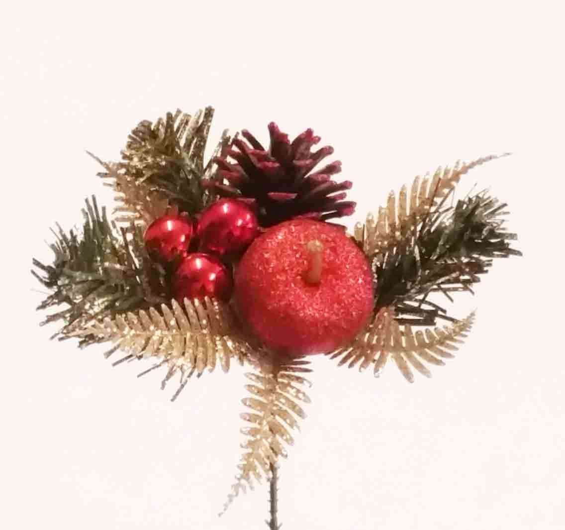 X567 - 8" Red Apple/Cone/Berry Pick with Fern - 1.30 ea, 1.05/12