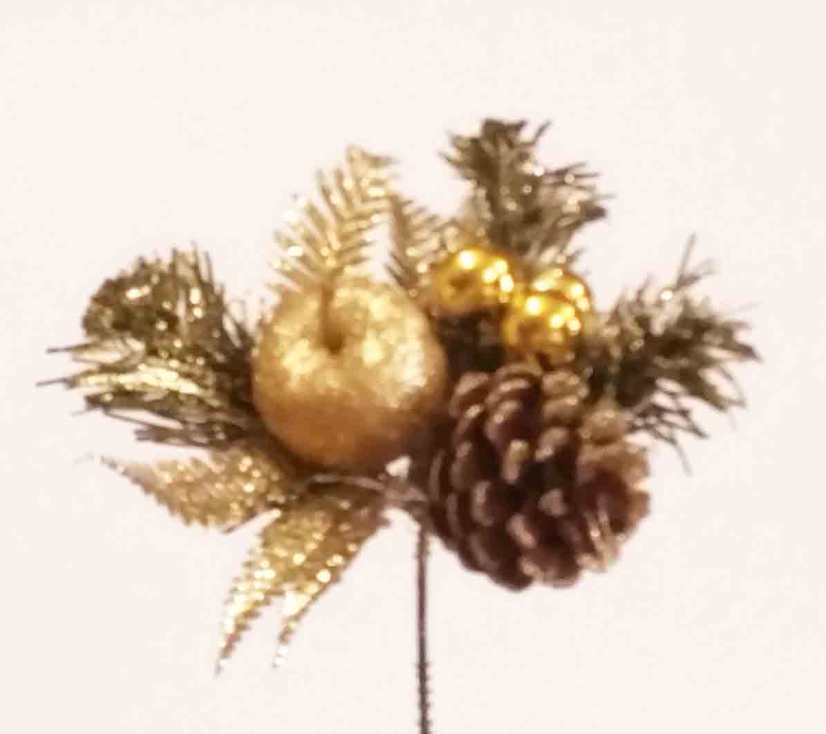 X567 - 8" Gold Apple/Cone/Berry Pick with Fern - 1.30 ea, 1.05/12