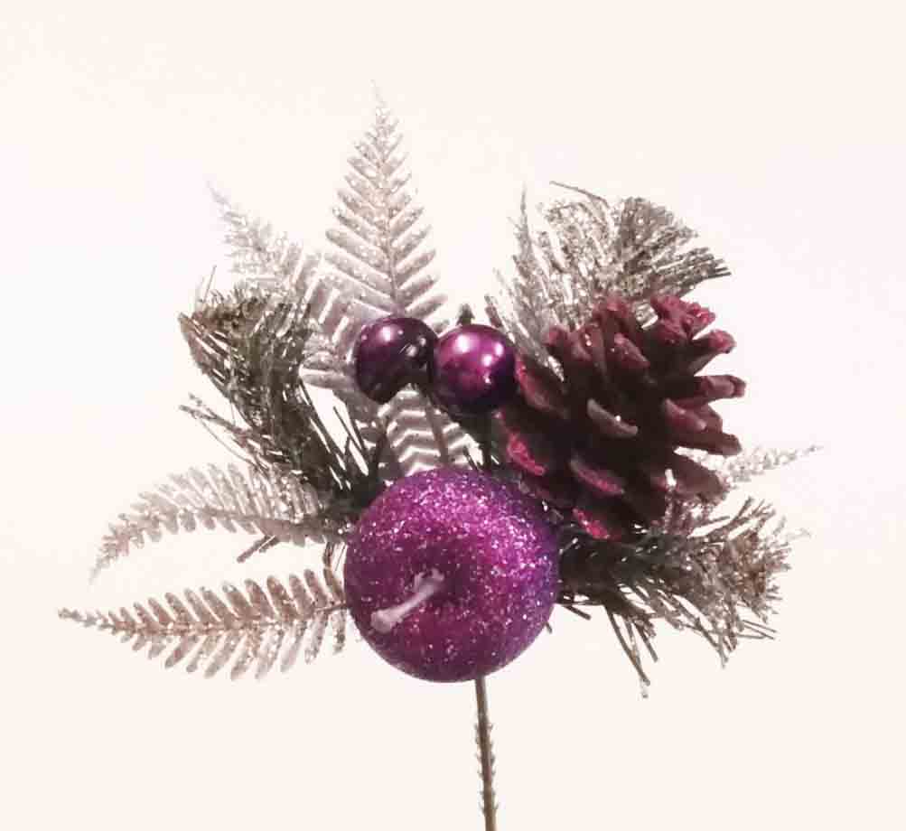 X567 - 8" Purple Apple/Cone/Berry Pick with Fern - 1.25 ea, 1.05/12