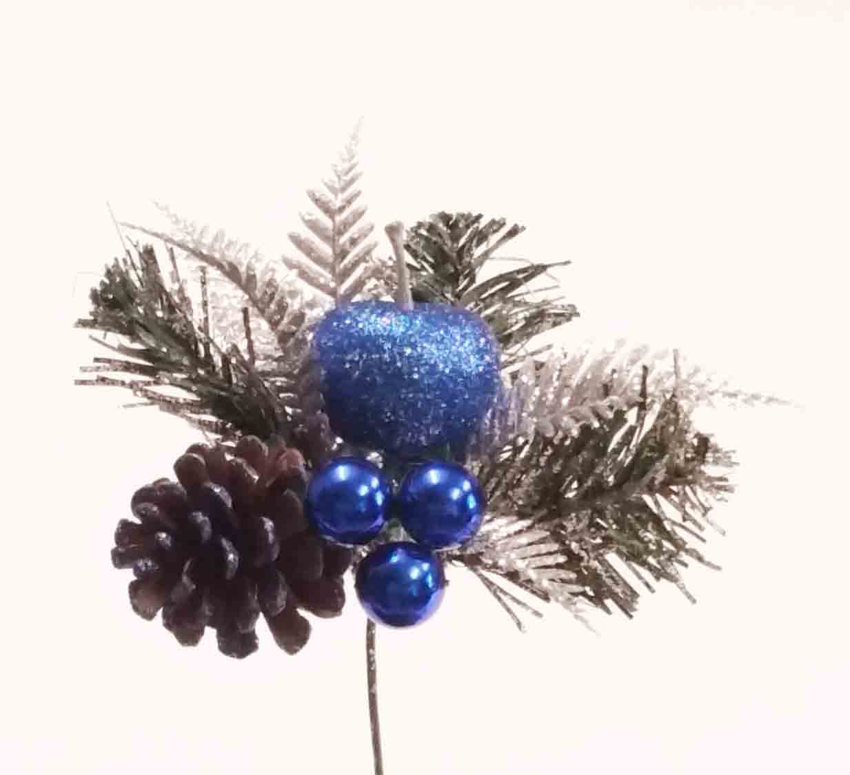 X567 - 8" Blue Apple/Cone/Berry Pick with Fern - 1.30 ea, 1.05/12