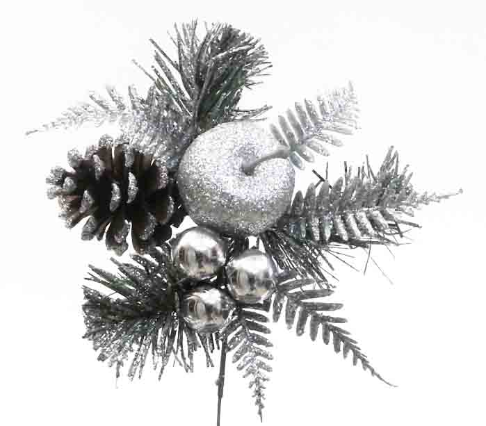 X567 - 8" Silver Apple/Cone/Berry Pick with Fern - 1.30 ea, 1.05/12