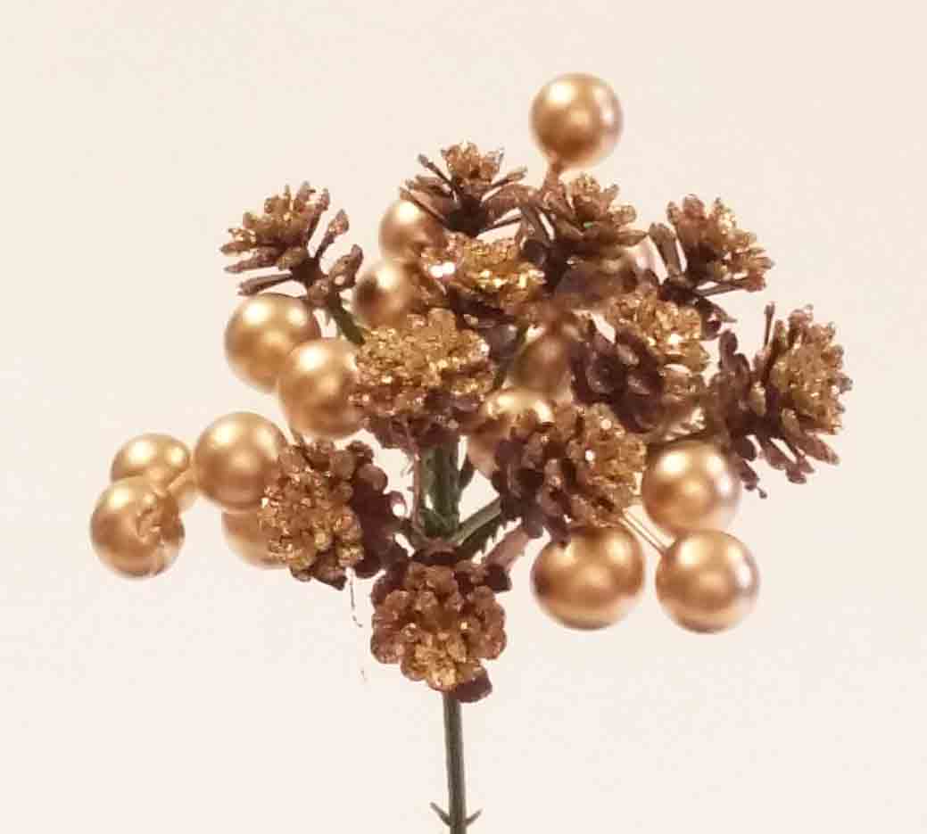 X213 - Small Glittered Pine Cones and Berries Pick - 1.35 ea, 1.16/12