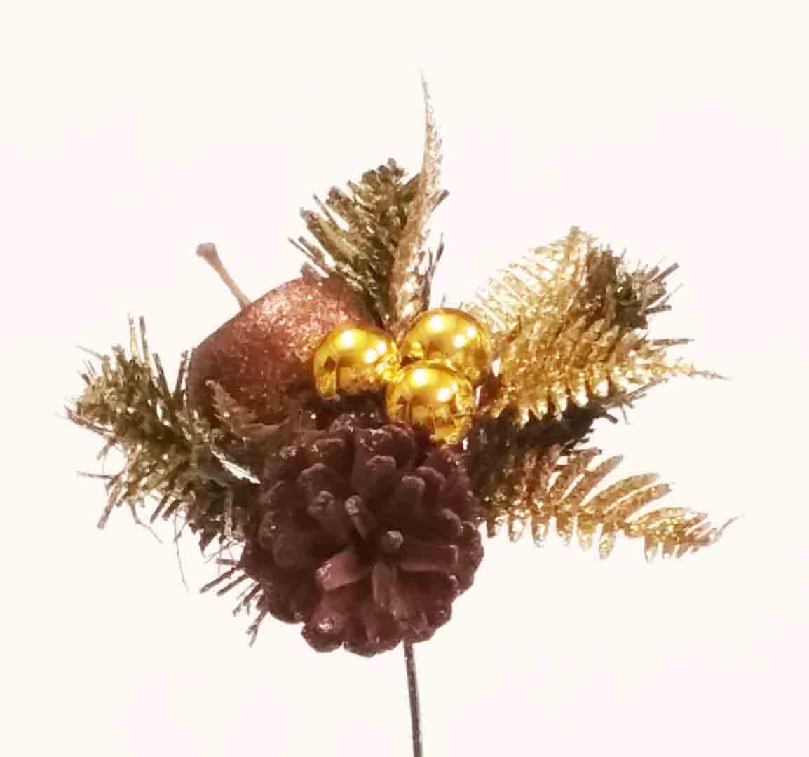 X567 - 8" Chocolate Apple/Cone/Berry Pick with Fern - 1.30 ea, 1.05/12
