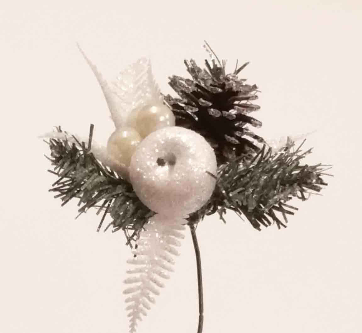 X567 - 8" White Apple/Cone/Berry Pick with Fern - 1.30 ea, 1.05/12